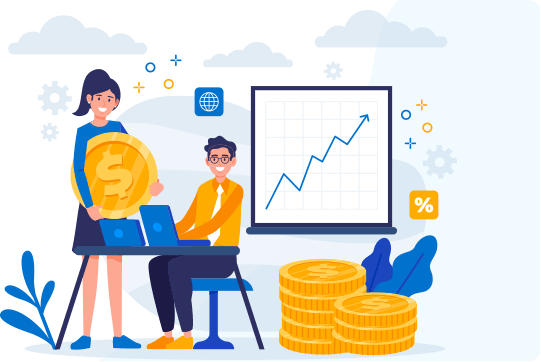 Illustration of a team reviewing business growth charts